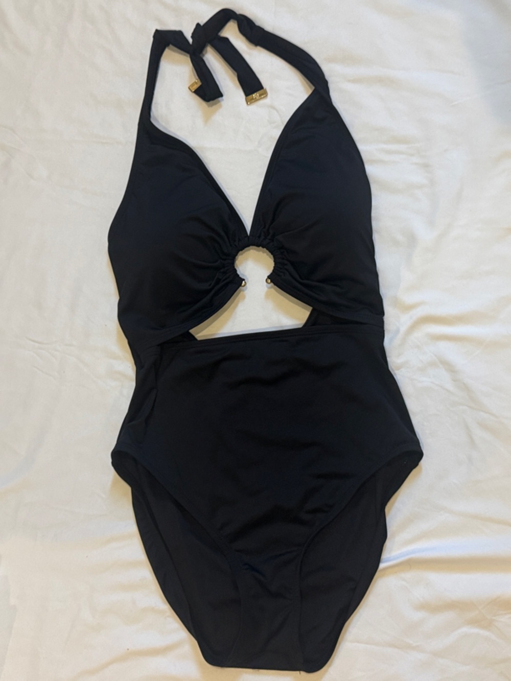 Michael Kors NWOT Black One Piece Swimsuit Size 10 Halter Cutout Gold Hardware